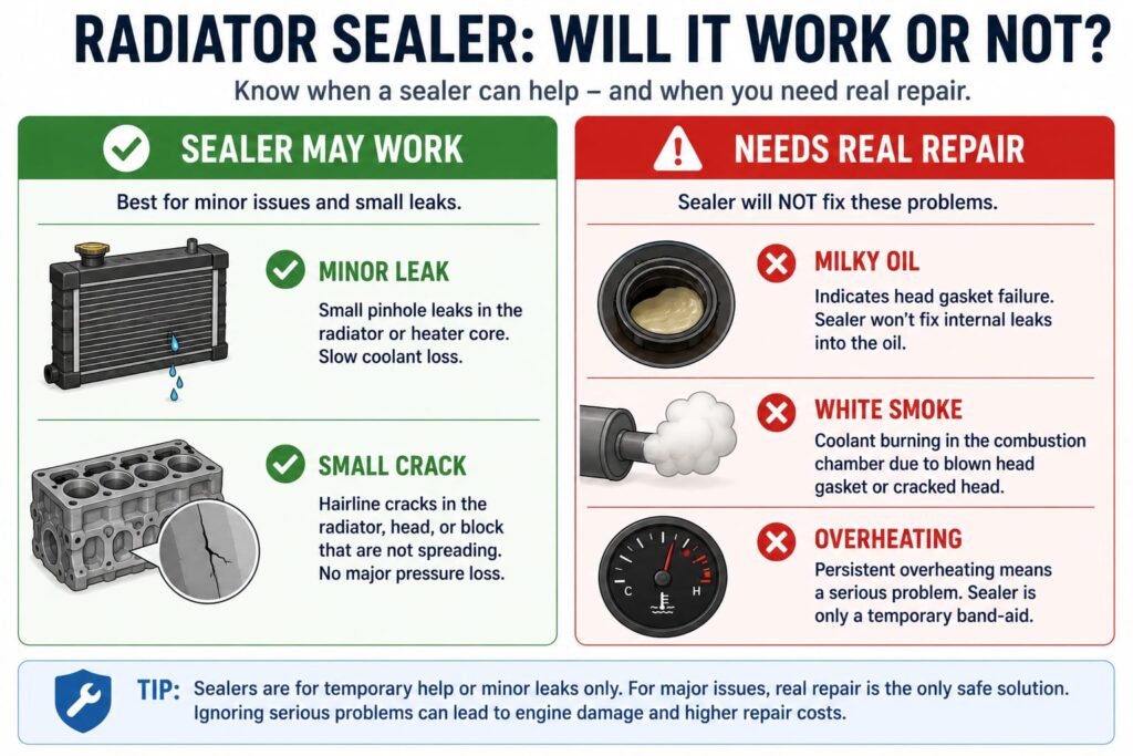 Comparison graphic showing when head gasket sealer works versus when a full repair is needed