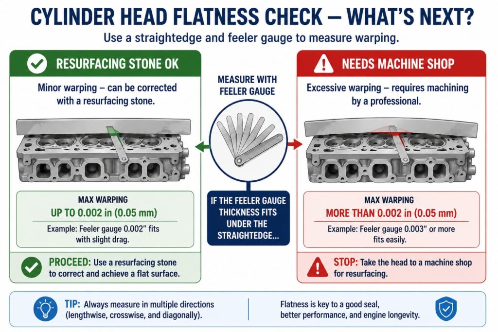Decision comparison graphic showing when a resurfacing stone is enough versus when a machine shop is needed
