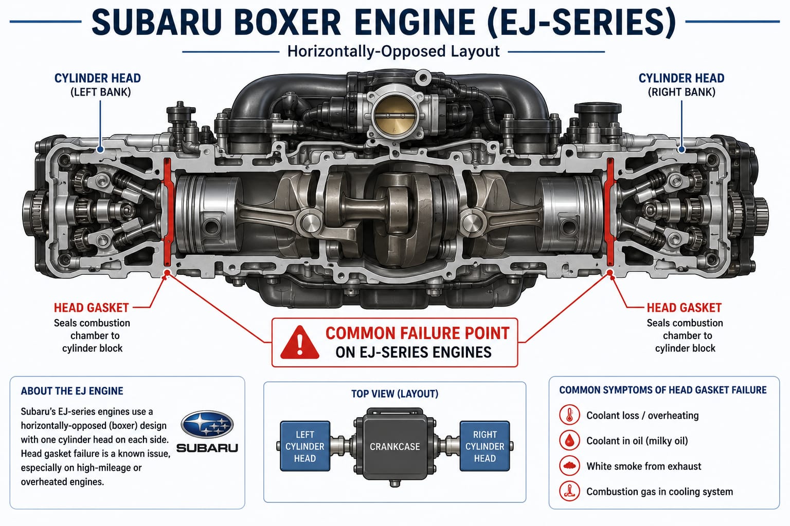 Diagram of Subaru EJ-series boxer engine showing the location of both cylinder heads prone to gasket failure