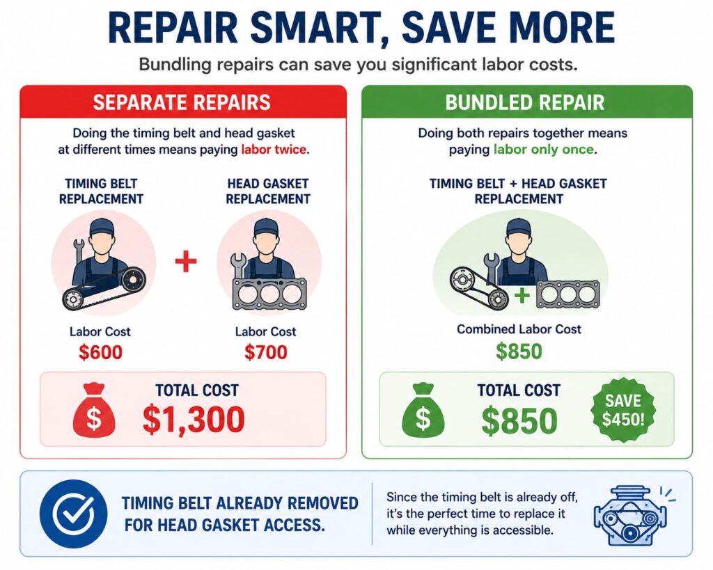 Infographic showing cost savings of bundling timing belt replacement with head gasket repair on Subaru engines