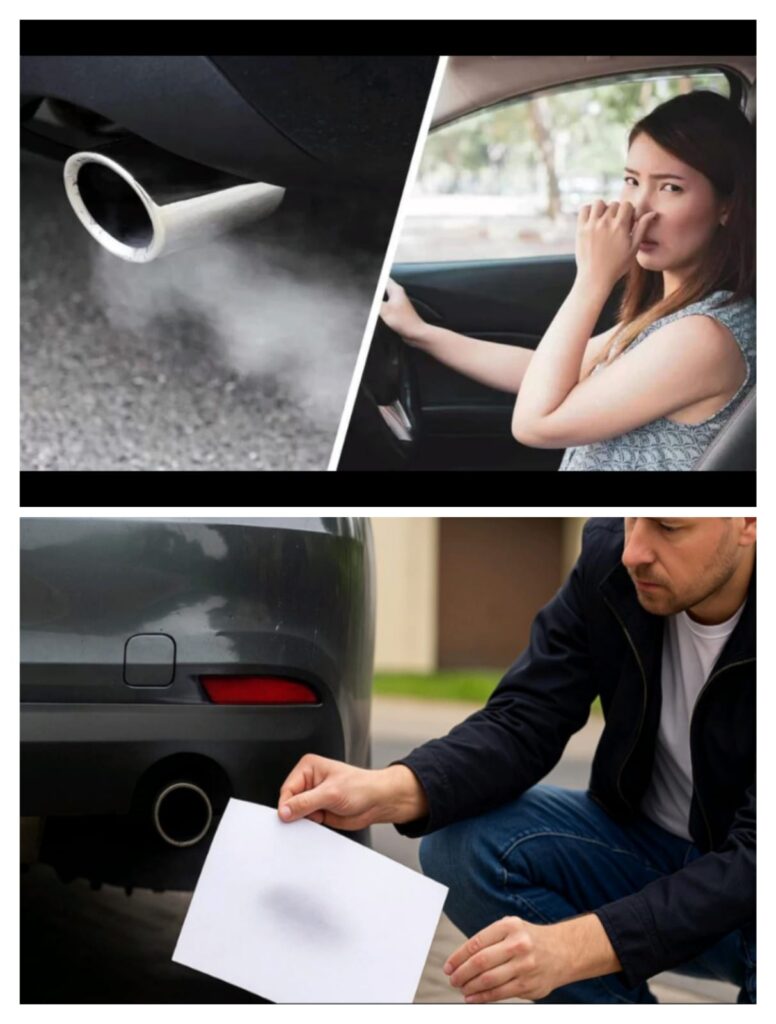 Rear of a car with exhaust pipe visible, person standing nearby noticing a smell.