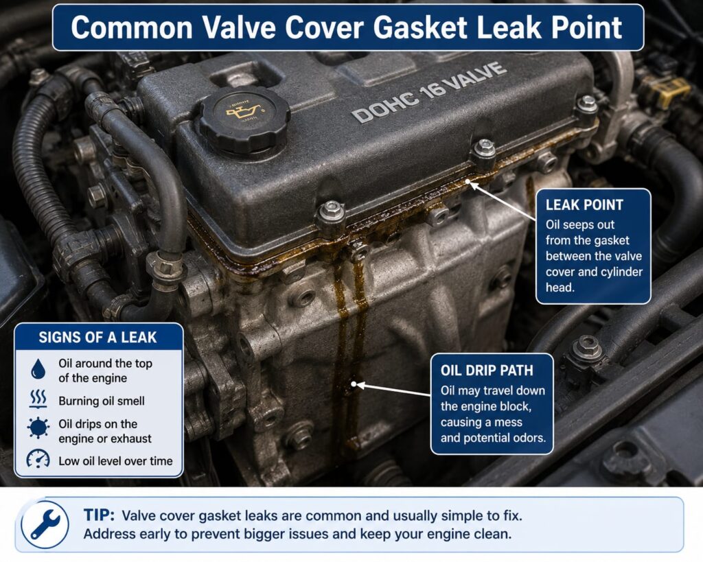 Diagram showing where oil leaks from a failed valve cover gasket at the top of the engine