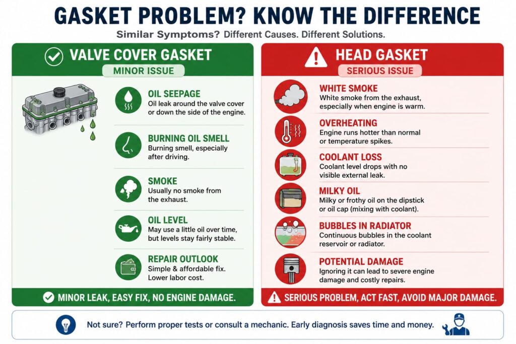 Side-by-side symptom comparison chart distinguishing valve cover gasket leaks from head gasket failure