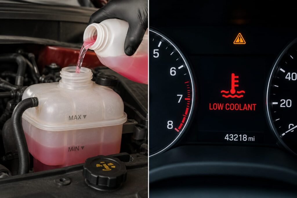 A bottle of Waterlock or similar chemical stop-leak product next to a coolant reservoir.